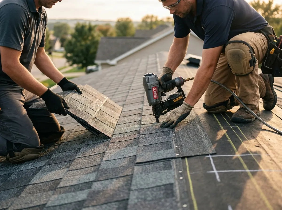 Professional roofer working on a residential roof in San Gabriel